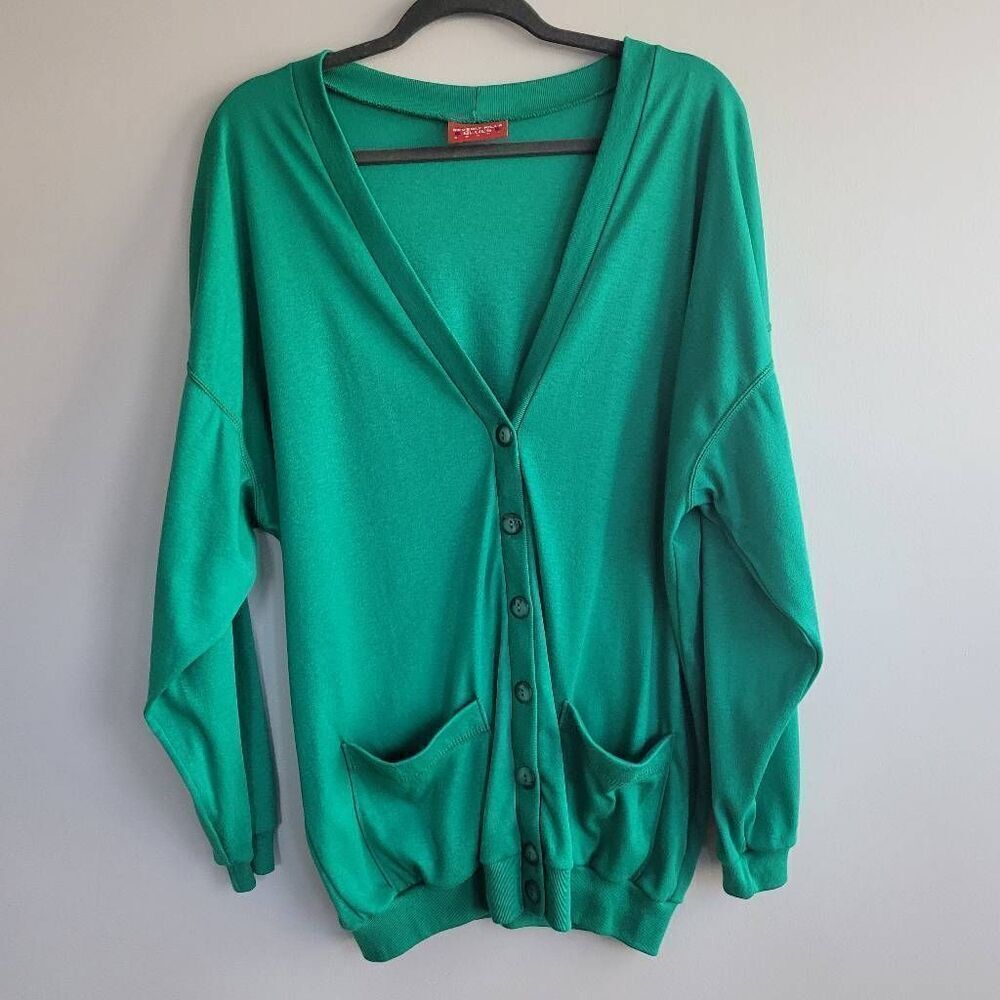 Vintage kelly green mens button front cardigan preppy pockets maximalist kidcore